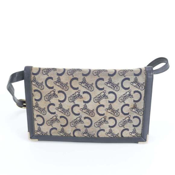 Celine Sulky Leather Canvas Shoulder Bag Handbag Navy Women's